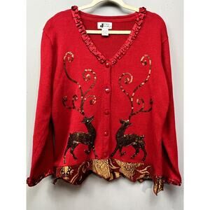 J TWO NY Sweater Womens Large Sequined Reindeer Red Christmas Ruffle Tapestry